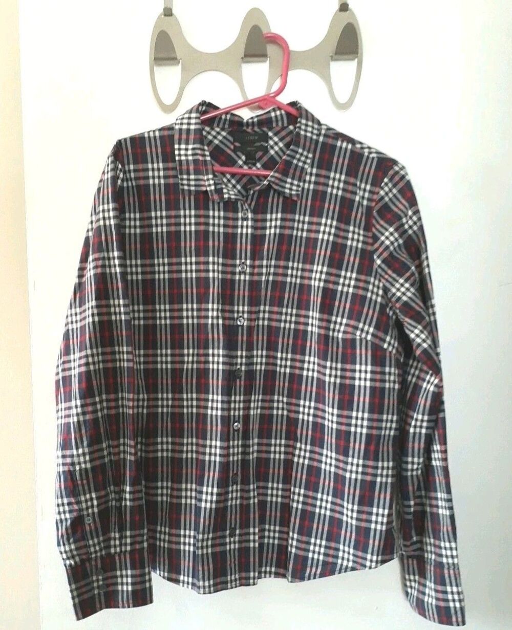 J. Crew top The Perfect Shirt Navy Blue Plaid Top Button Down Shirt  Xl Cotton